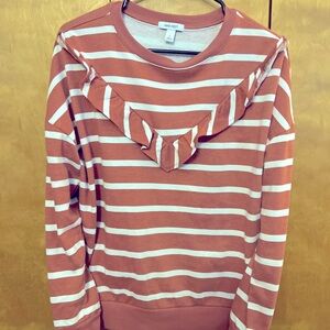 Nine West Long Sleeve Top Dusty Rose Pink White Stripe Ruffle Accent